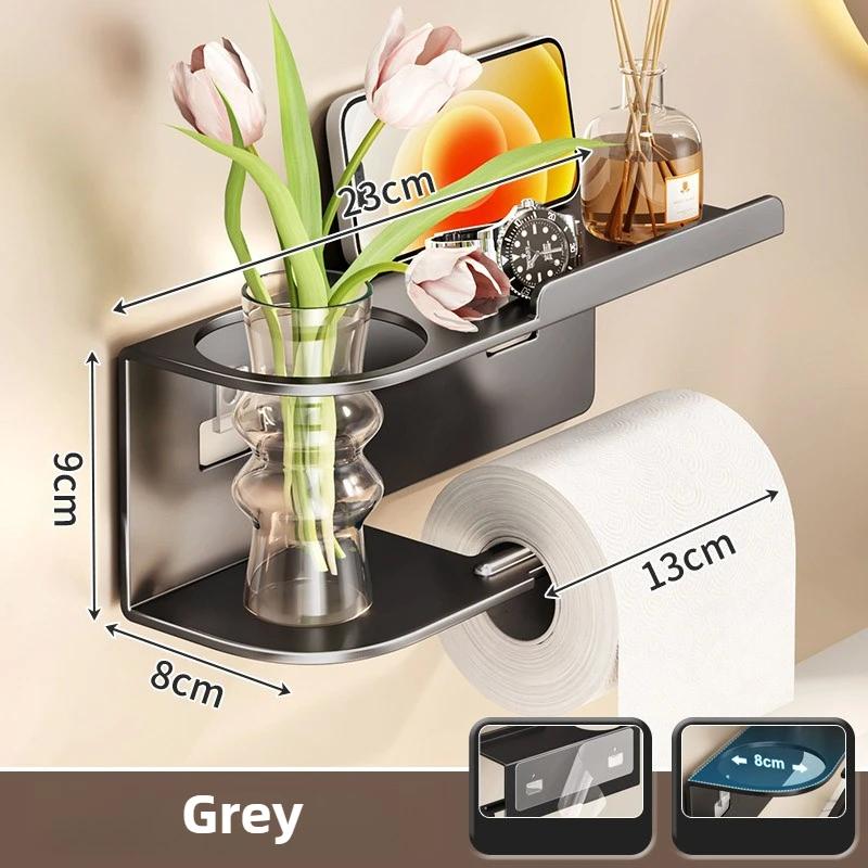 Punch-Free Adhesive Toilet Paper Holder Wall Mount - Space-Saving Bathroom Tissue Roll Rack with Storage Shelf Installation