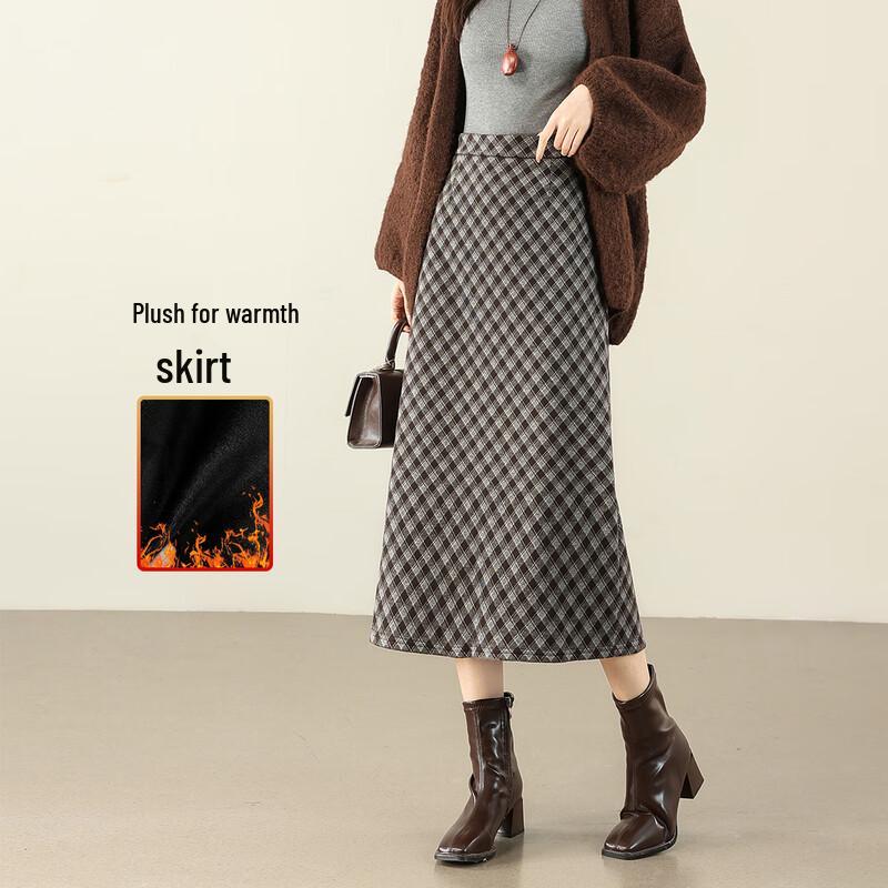 TERRE BLEUE Women s Plush Lined High-Waist A-Line Plaid Skirt L