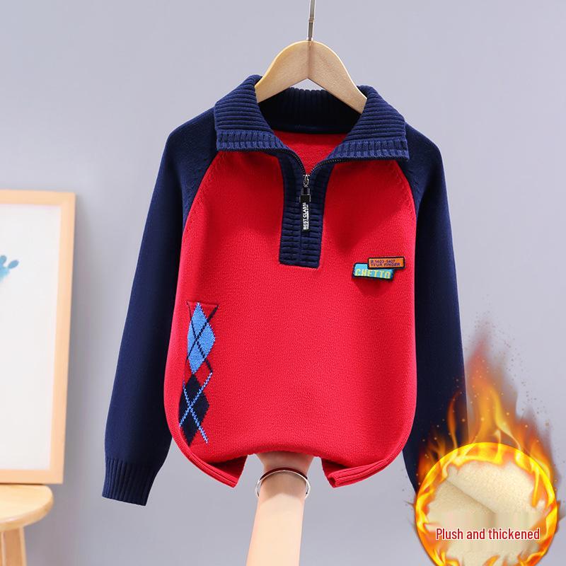 Boys' Cotton Half-Zip Fleece-Lined Knitted Pullover Sweater