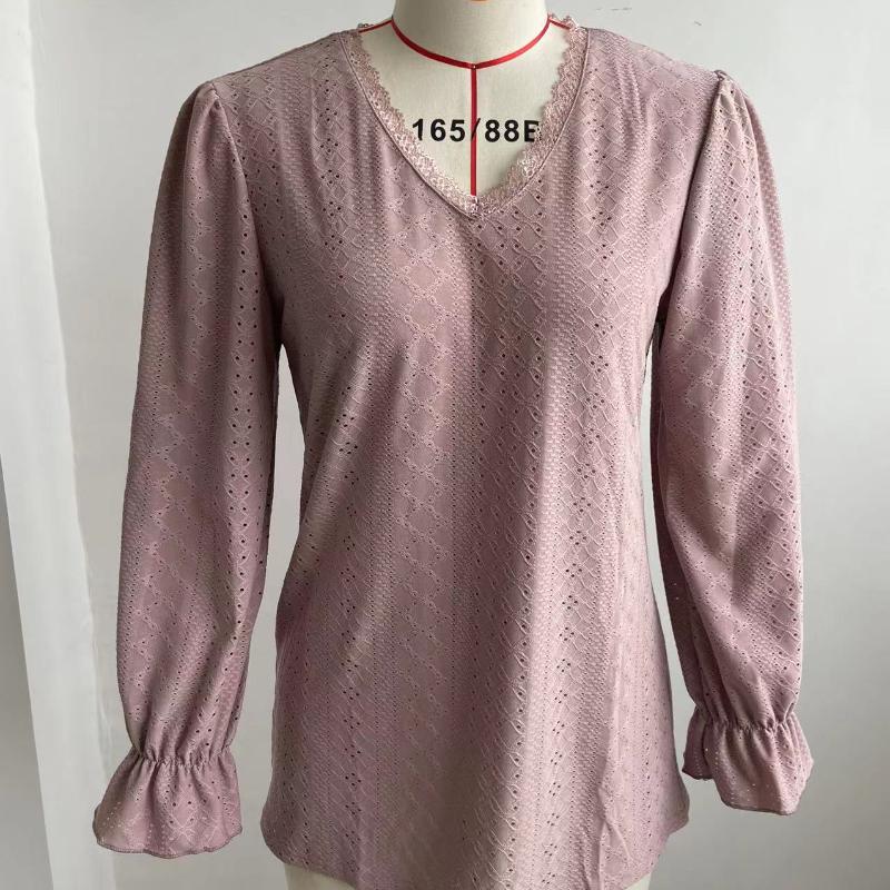 Camiseta Feminina Decote V Primavera Verão Outono Blusas Vazadas Casual Manga Pregueada Top Camisa