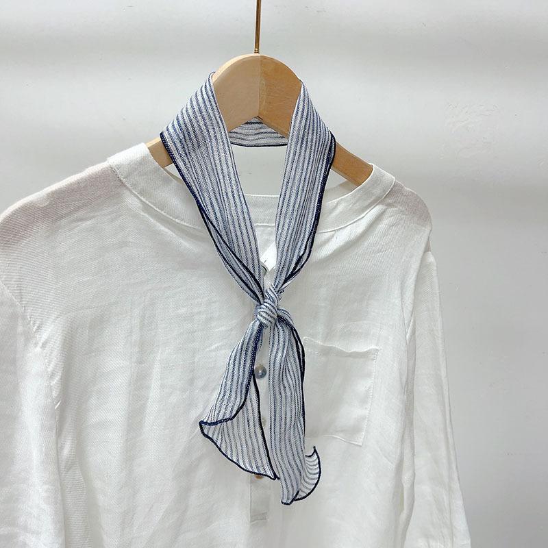 Retro Rain And Dew Striped Small Bow Tie Literary Versatile Women'S Summer Neck Protection Scarf Accessories Silk Korean Version
