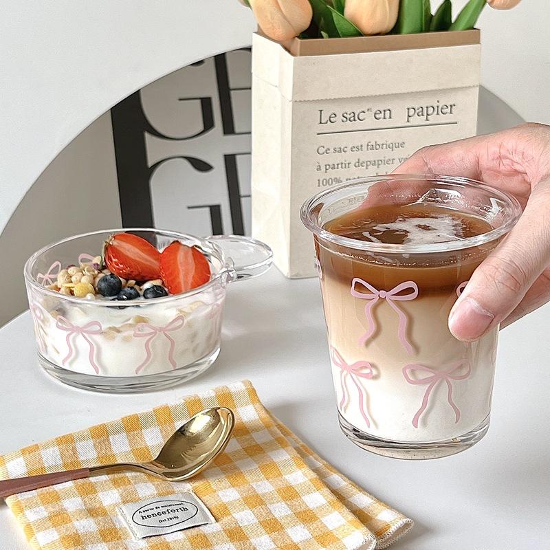 Cute Pink Bow Glass Cup Coffee Cup Mug Eespresso Iced for Summer DIY Drinks Drinkware Yogurt Cup Salad Bowl Fruit Dessert Bowl