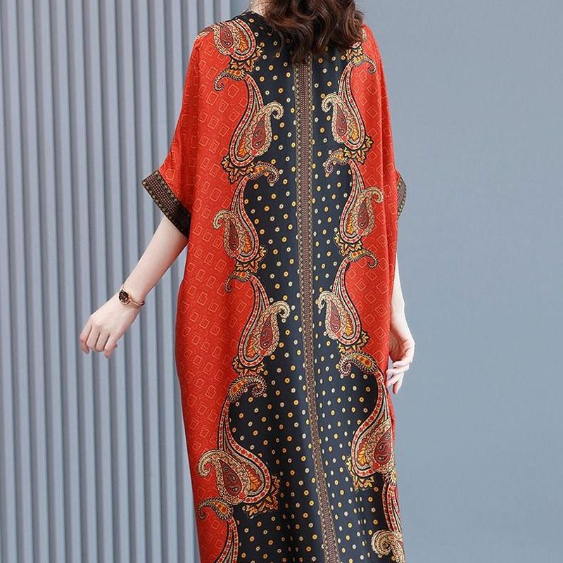 Folk Paisley Printed Long Dress Spliced Women's Casual V-Neck Summer Short Sleeve Vintage A-Line Loose Dresses