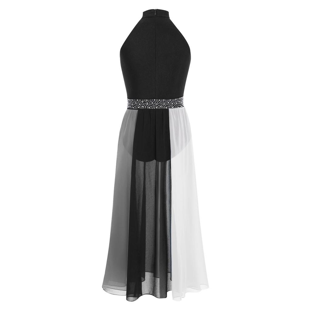 Girls Modern Lyrical Dance Dress Mock Neck Sleeveless Sparkly Rhinestones Color Block Side Split Chiffon Skirt