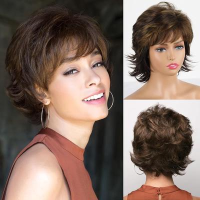 Synthetic Hair Short Curly Brown Mixed Blonde Wigs with Bangs for Women Daily Party Costume Heat Resistant Fibre