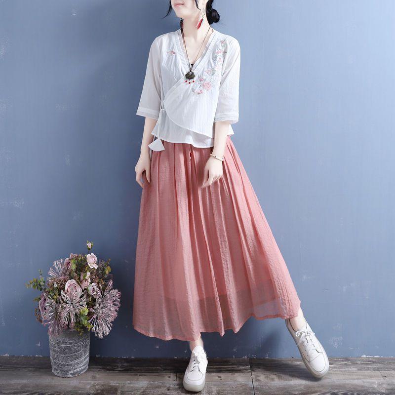 

Summer cotton and linen embroidered diagonal placket fan-shaped lace-up medium-sleeved top women s retro zen shirt tea clothes M білий