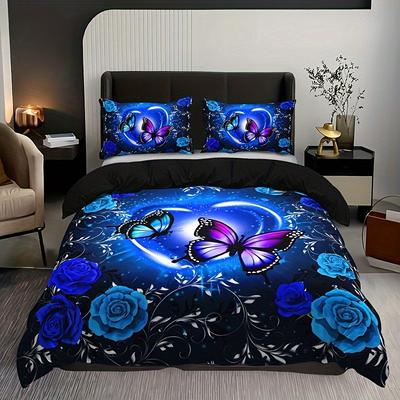 Blue Butterfly Floral Heart Duvet Cover Set - Includes 1 Duvet Cover and 2 Pillowcases Breathable Cotton Machine Washable