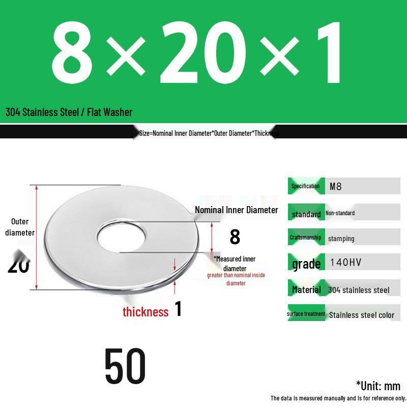 304 Stainless Steel Thickened Flat Washer Set, Sizes 2-36