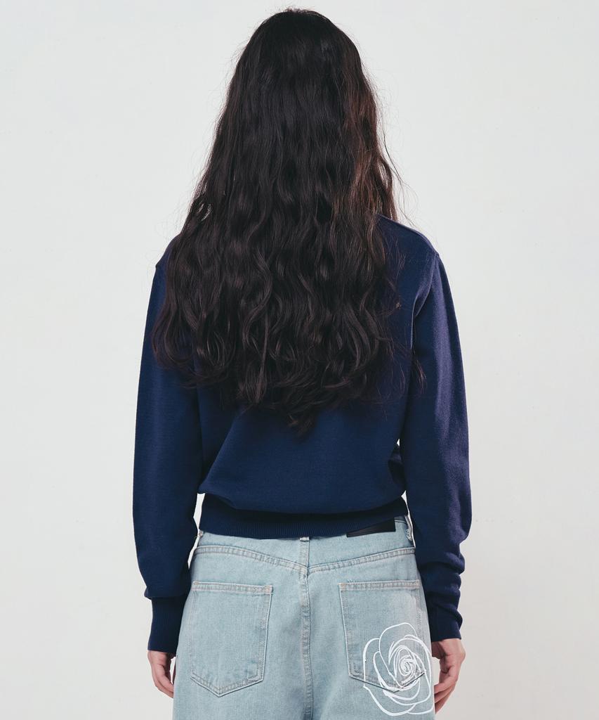 Nigaennikol Butterfly V Neck Jacquard Knit_Navy