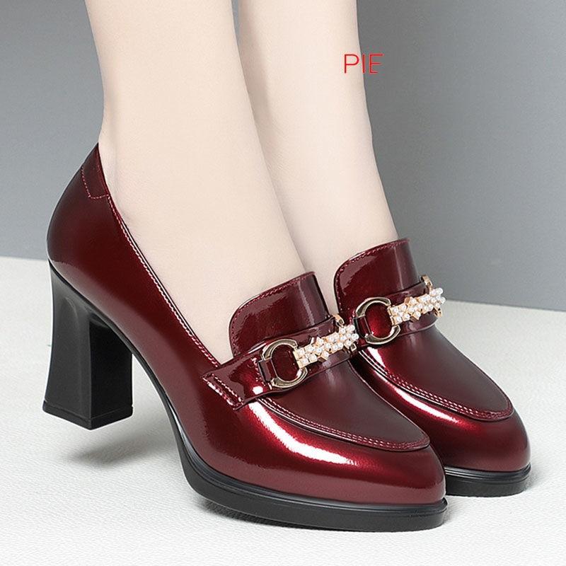 Love shoes soft sole soft leather burgundy women's shoes soft leather waterproof table high heel single shoes middle-aged women deep mouth leathe