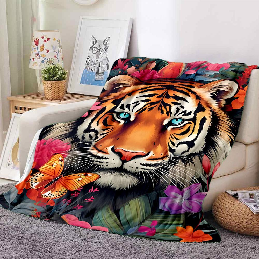 1PC Tiger Floral Print Blanket, Throw For Sofa, Bed, Travel, Camping, Livingroom, And Bed, Printing Blanket With Soft And Warm Fabric Yy250918136