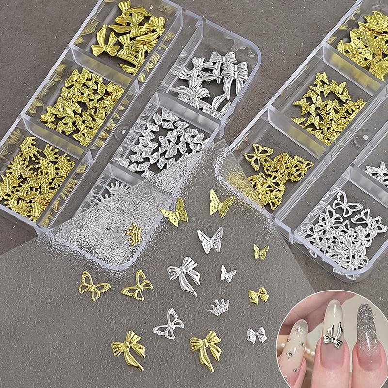 6/12Grids Metal Bow Nail Art Charm Gold Silver 3D Star/Cross Nail Rivet Starlight Nail Decoration Parts Diy Manicure Accessories