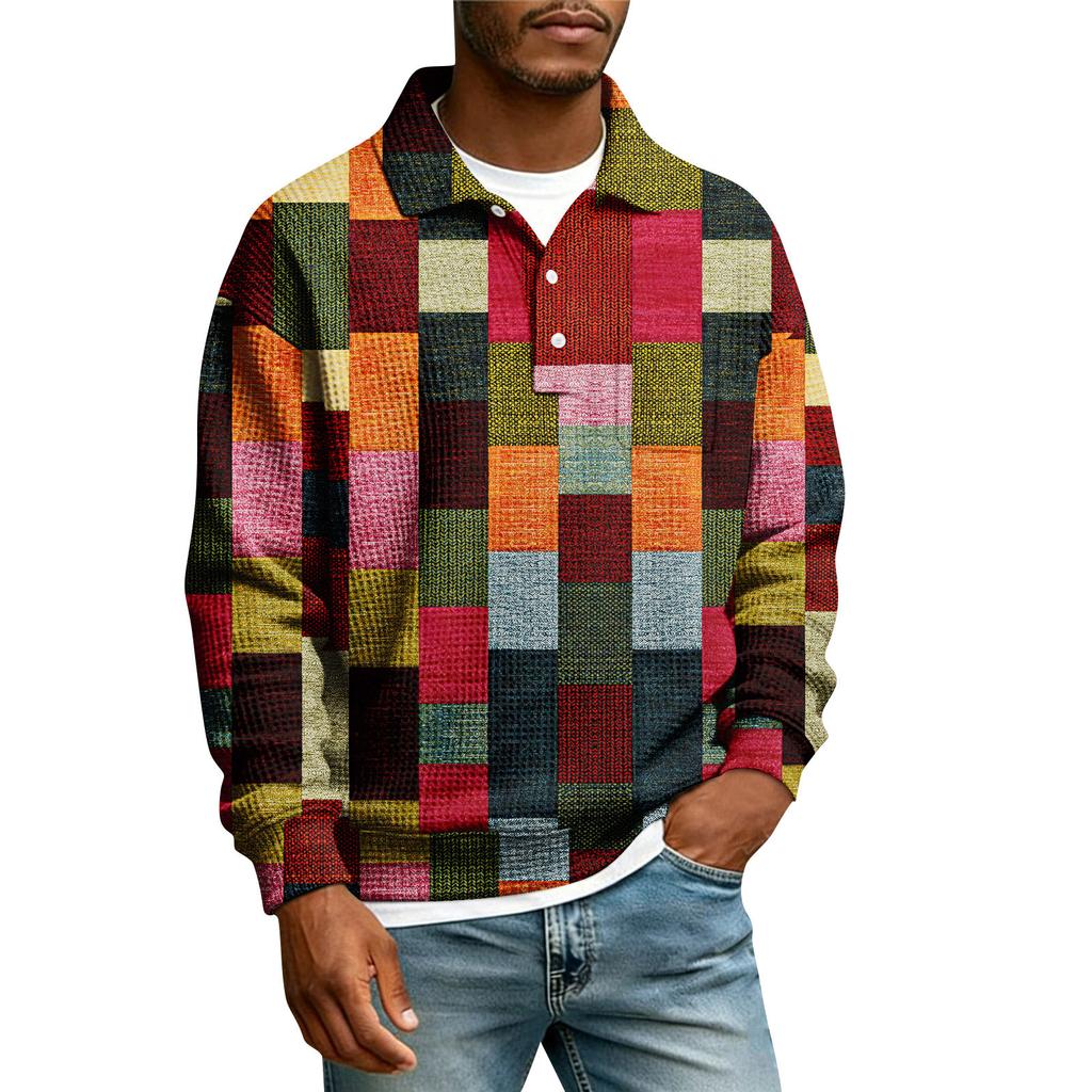 Men's Lapel Printed Single Breasted Pocket Long Sleeve Casual Sports T-Shirt