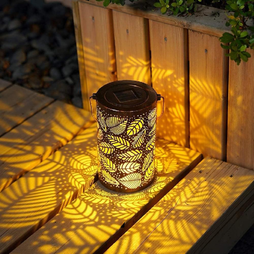 Solar Iron Lamp Outdoor Landscape Decoration Villa Balcony Garden Courtyard Hollow Leaf Projection Lantern Outdoor Iron Hanging Pastoral Lamp