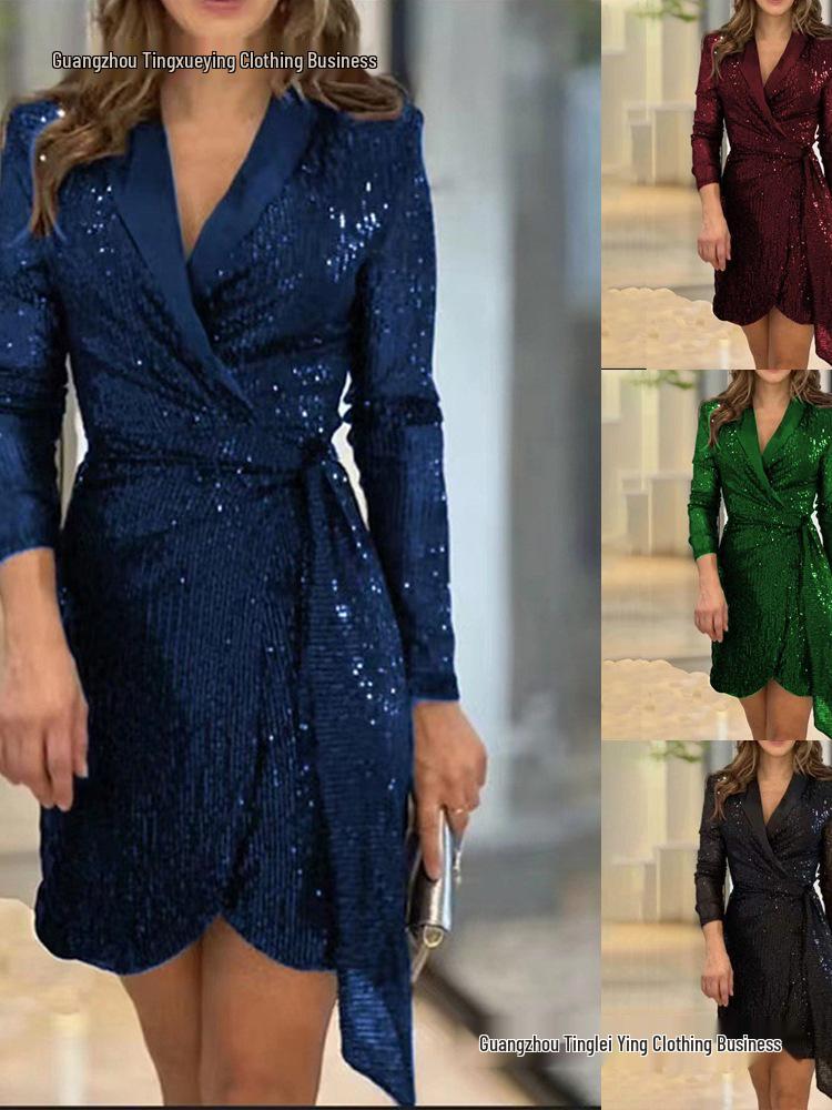 European & American Ladies' Fashionable Sequin Tie-Up Dress with Waist Cinch and Lapel 