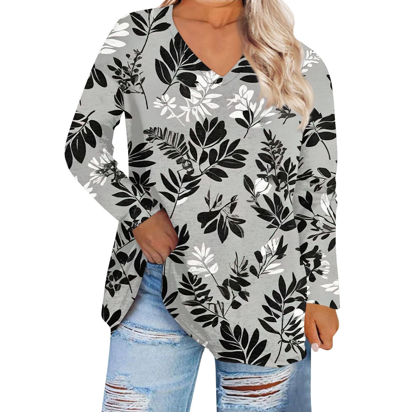 

Женская мода с принтом дефолиации и v-образным вырезом плюс размер, повседневная футболка с длинным рукавом, топ XXL