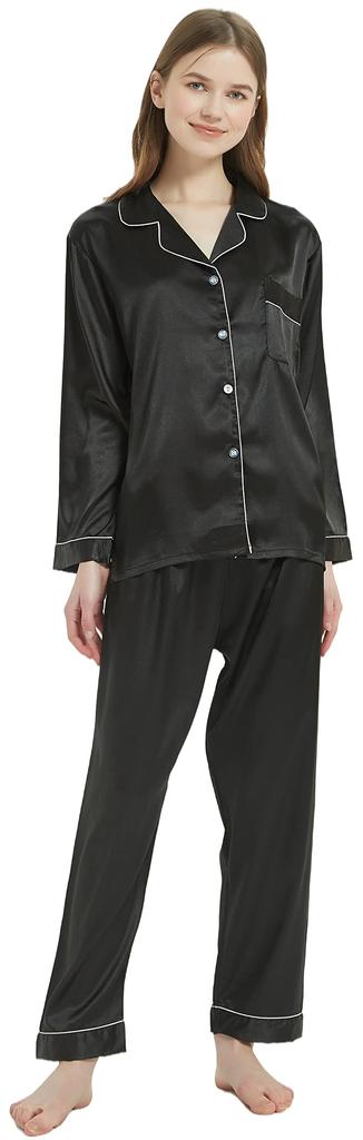 KUMASEN Silk and Satin Pajama Long Open Size M Women's Set, Loungewear, Sleeves, Front, Black,