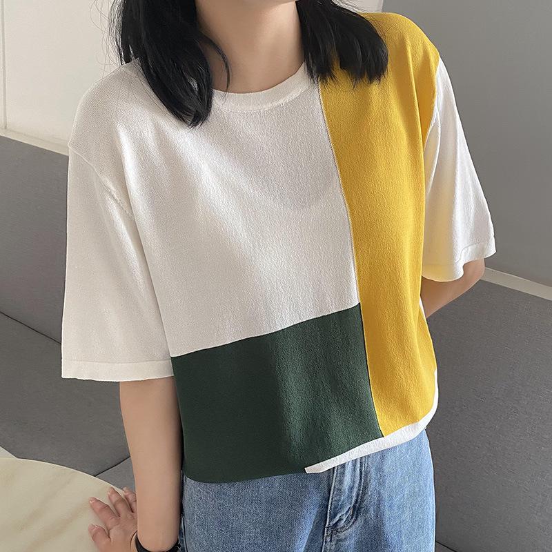 Korean Style Women's Contrast Color Loose-Fit Summer T-Shirt