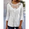 Women's Round Neck Three Quarter Sleeve Top Loose Fit Sweet Lace Hollow Out Blouse