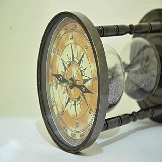 Brass Handmade Sand Timer Hourglass Sand Timer with Compass, Antique Finish Beautiful Handcrafted Sand Timer Ideal