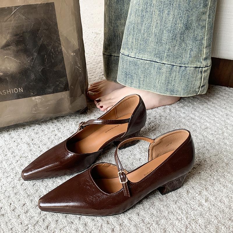 Fashion 2025 Silver Pointed Toe High Heel Mary Janes Women's Shoes Spring Autumn New Korean Style French Vintage Evening Red Thick Hee