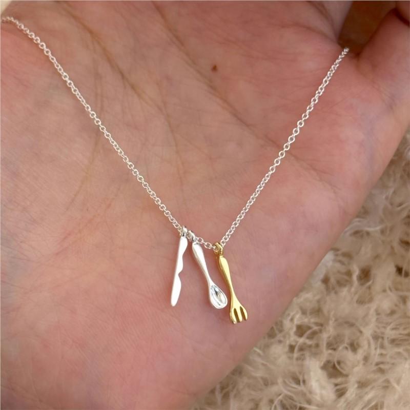 

PANJBJ 925 Sterling Silver knife And Fork Necklace for Women Creativity Design Trend Irregular Jewelry Party Gift Dropshipping