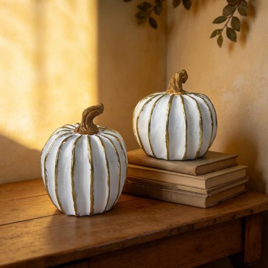 Decorazioni per la casa del Ringraziamento, Decorazioni di zucca autunnale, Zucca decorativa bianco oro, Zucche in resina, Ornamento festivo minimalista, Statuette per