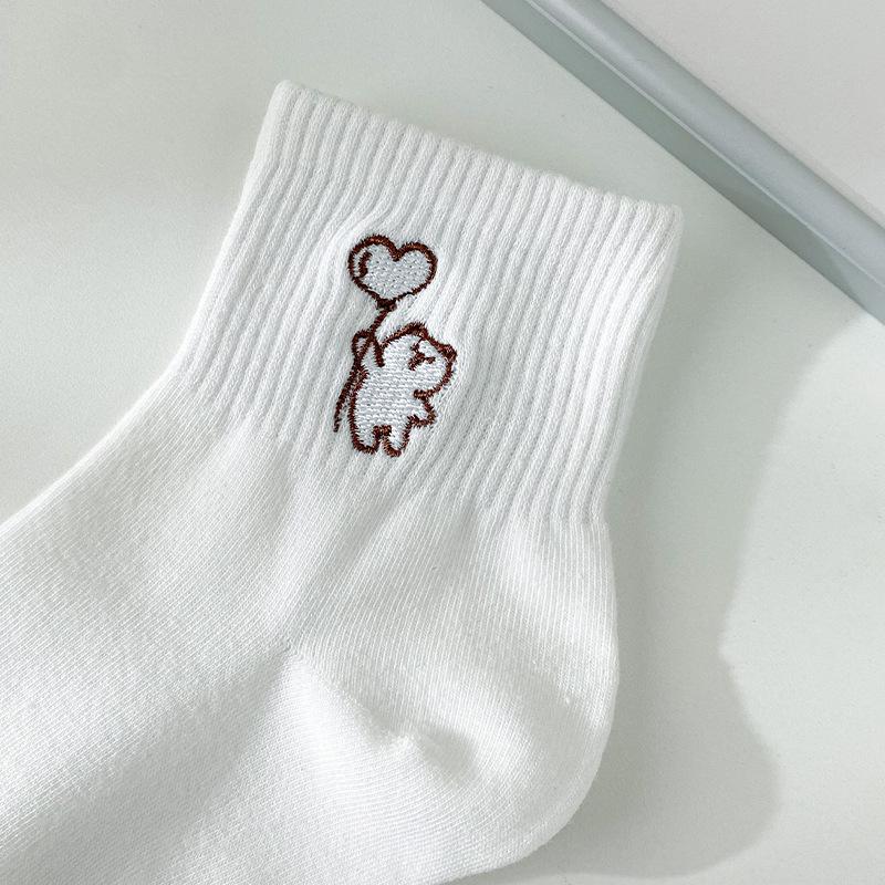 Women's Spring & Autumn Cotton Mid-Tube Socks - Japanese Style with Cute Cartoon Bunny Embroidery