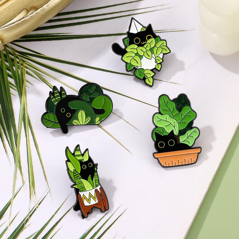Cats In Plants Enamel Pins Custom Black Cat Potted Plant Brooches Lapel Badges Fun Animal Plant Jewelry Gift for Kids Friends