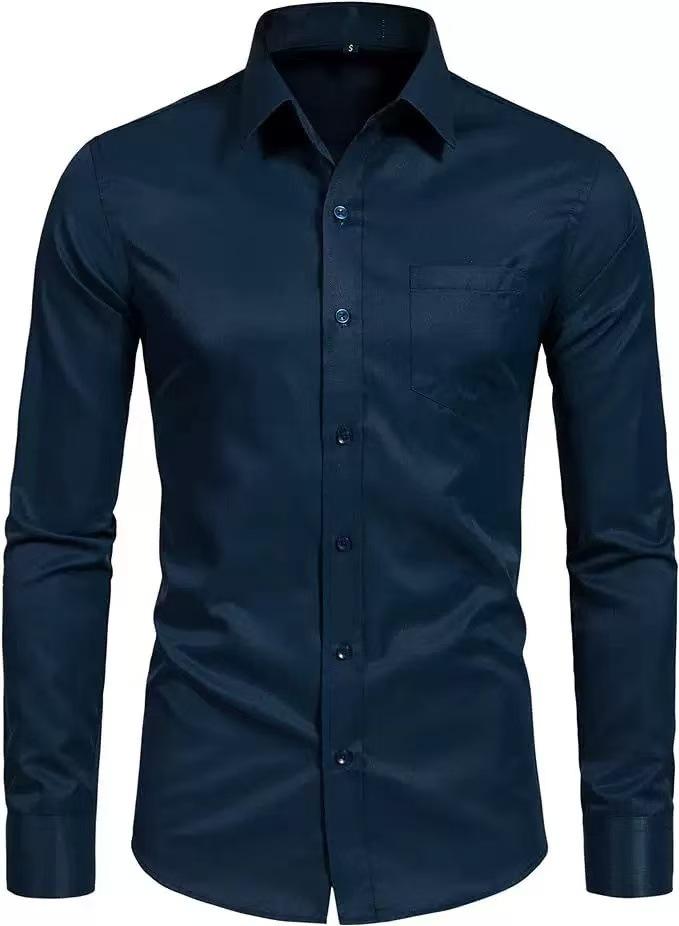 Men S Long Sleeve Solid Color Stretch Wrinkle Resistant Casual Business Shirt