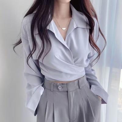 1PC Slim Fit Langarm Frauen Büro Koreanische Styel Kurze Hemden Bluse Tops Polyester Arbeit Bluse