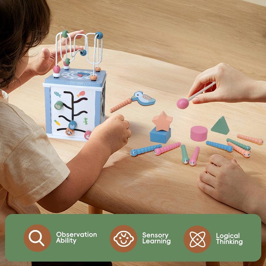 Wooden Activity Cube, 5 In 1 Activity Cube,Multifunctional Treasure Box Activity Toys,Featuring Shape Sorting ,Stacking Blocks,Xylophone,Easter Gifts