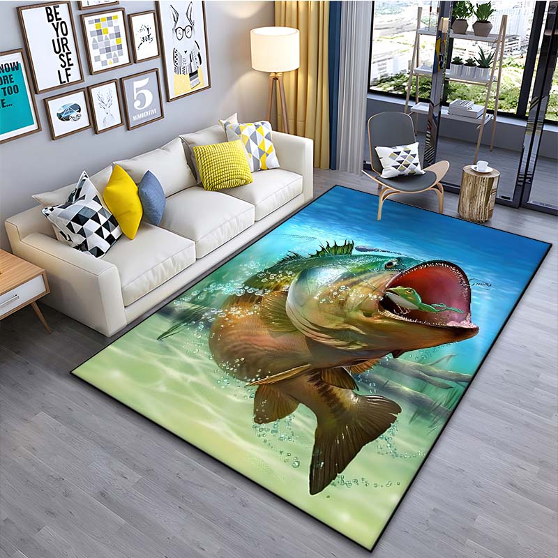 Big Fish Fishing Printed Carpet for Living Room Bedroom Bedside Bathroom Floor Mat Area Rugged Sofa Mat Home Decor for Gifts