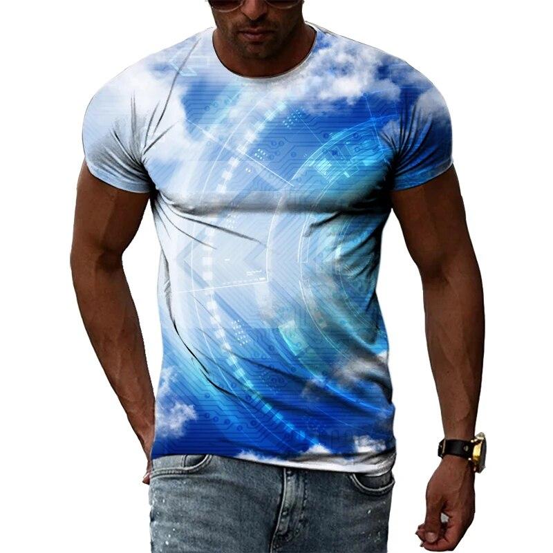 Handsome Men's Technology Element Pattern 3D T-Shirt Hip-Hop Style Casual Round Neck Tops Trendy Street Personality Clothing