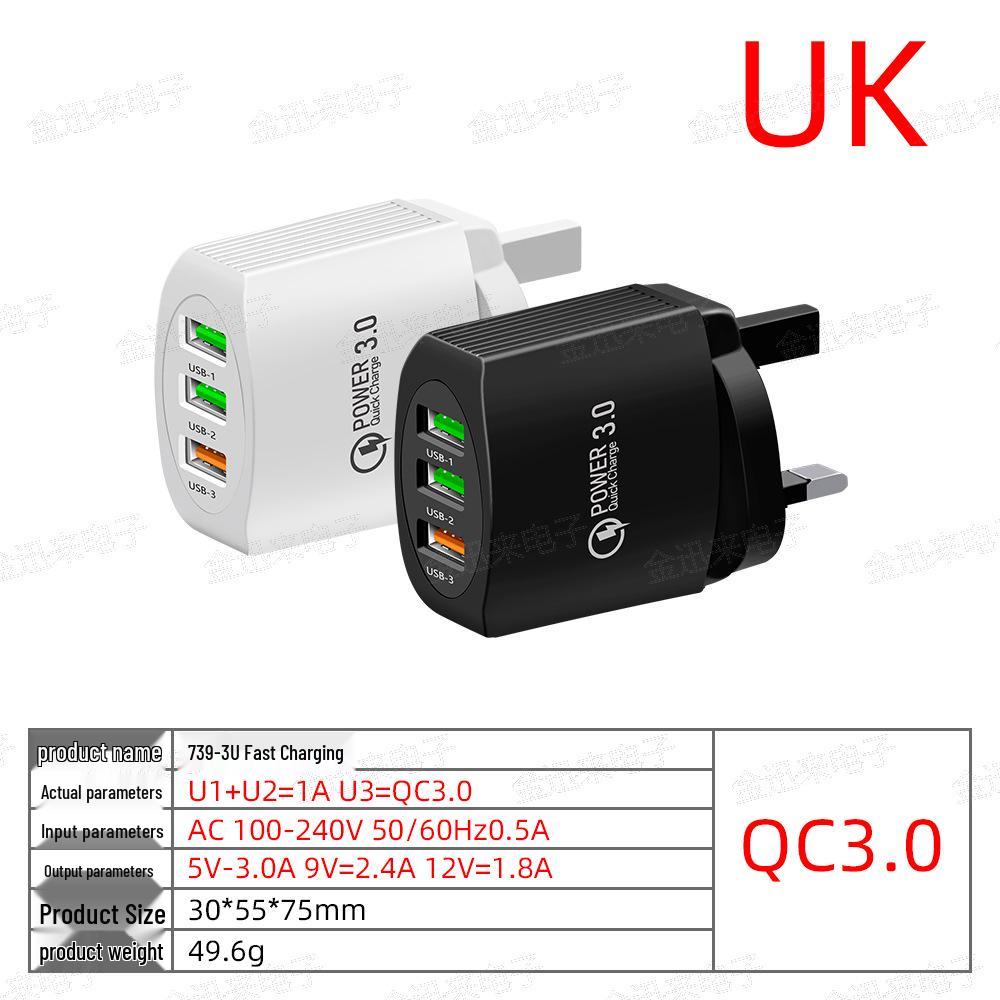 QC3.0 3-USB Multi-Port Charger: 2.4A Fast Charging Head for EU, US, UK Standards.