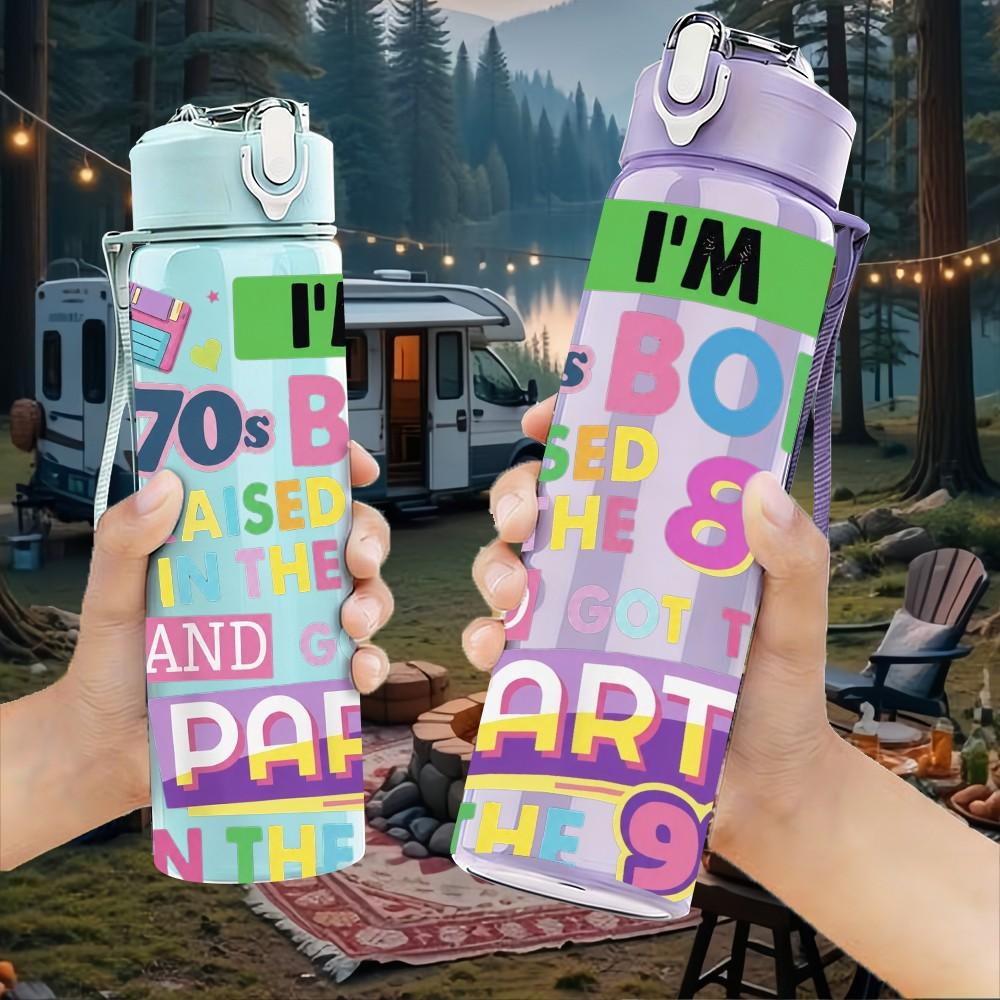 1PC 80s Retro Text Lettering 750ml Sports Water Bottle Leakproof Straw Lid Outdoor Office Home