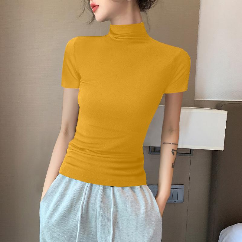 Women's Black Ice Silk Slim Fit Mock Neck T-Shirt - Short Sleeve, Half Sleeve Fashionable Top