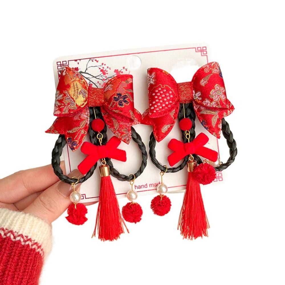 2 szt. Frędzel z kwiatem Dziecięca spinka do włosów z kokardą Chiński styl Peruka Warkocz Spinka do włosów Hanfu Klips boczny Dziewczynki