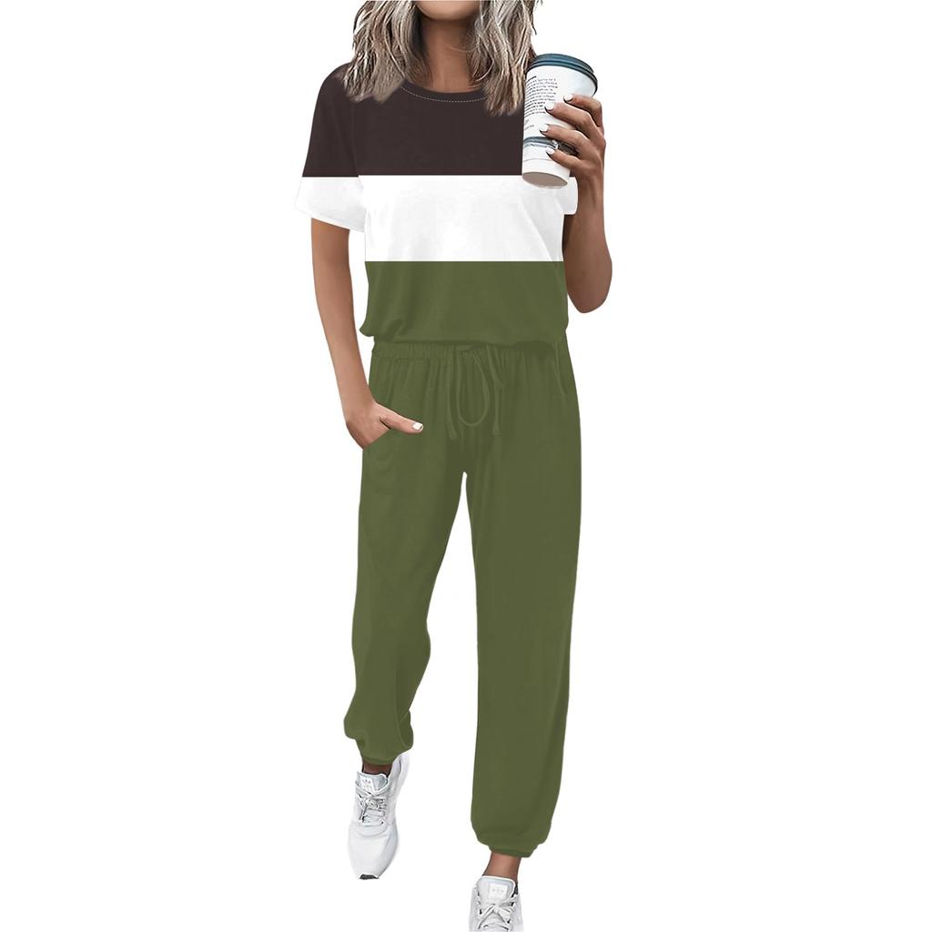 Women's Jogging Fashion Round Neck Short Sleeve Belt Loose Pants Tracksuit