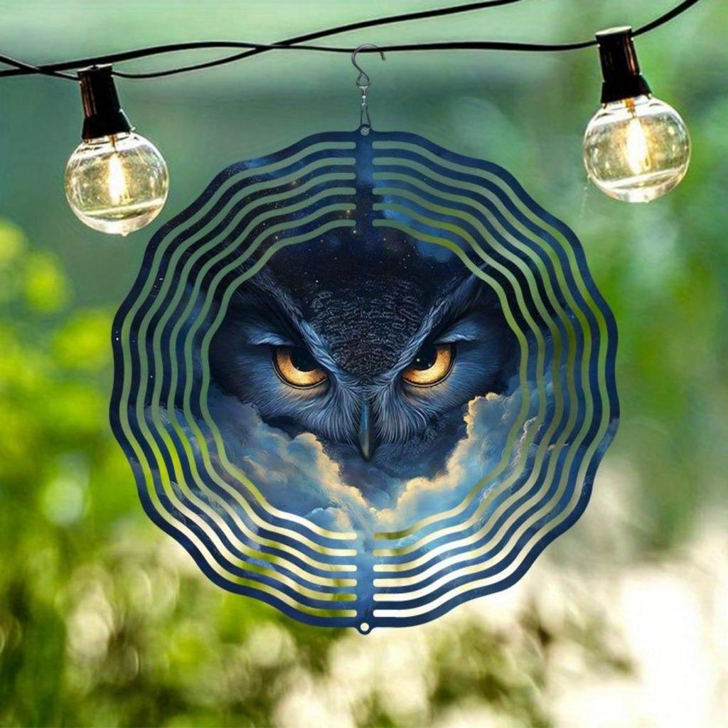 Metal Owl Wind Spinner 2D Rotating Garden Decor Outdoor Wind Chime for Patio Yard Balcony Decoration