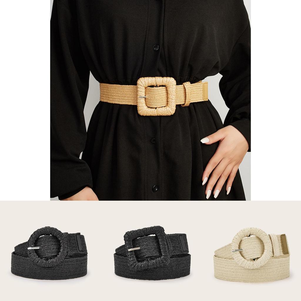 Cinturón de Cintura Tejido para Vestidos Casuales de Mujer con Decoración de Hebilla Circular de Diseño Minimalista