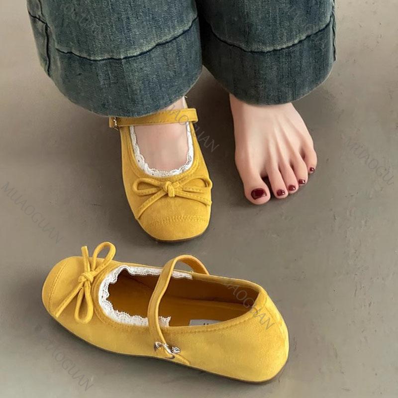 Fashion Spring Summer Inner Heighten Bow Shallow Lace Side Flats Casual Solid Belt Buckle Suede Soft Sole Eelgant Dress Ballet Shoes