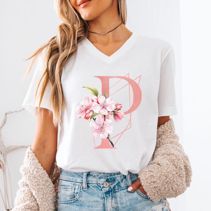 AZ 26 Alphabet Unisexs VNeck TShirt Pink Sakura Letter B Graphic T Shirts Unisex Letters ABCD Casual Tees Fashion Y2K Tops
