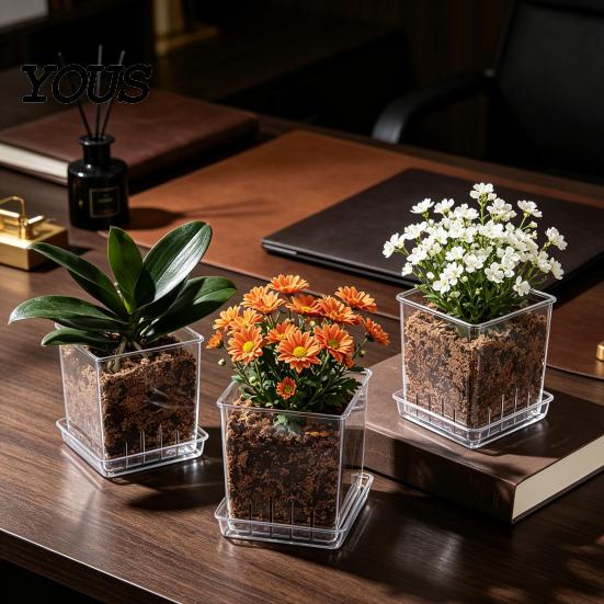 Orchid Planter for Phalaenopsis Clear with Saucer, Square Plant Pot Hydrophobic Succulents Drainage Holes, Transparent Flowerpot Phalaenopsis,