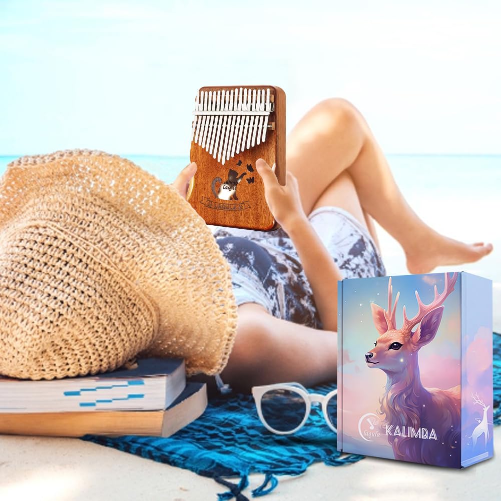 Kalimba 17 Keys Mahogany Thumb Piano Beginner Set with Tuning Hammer, Flannel Bag, Japanese Language Learning Sheet Music, Katakana Scale Stickers, Gi