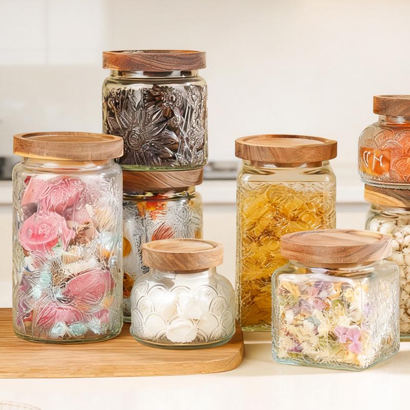 Nordisches Retro-Glas-Vorratsglas mit Blumenmuster für Trockenfrüchte und Snacks