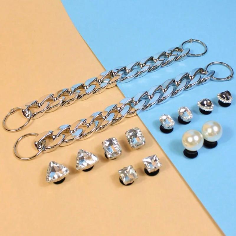 Fashion 14pcs DIY Shoes Charms Shining Rhinestone Chain Accessories For Clogs Slippers