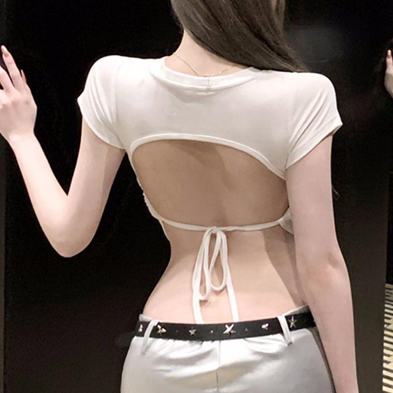 Tricou de vară pentru femei, fără spate, strâns, cu talie înaltă, cu mâneci scurte, negru Spicy Girl Tie Up Slim Fit și top scurt unic