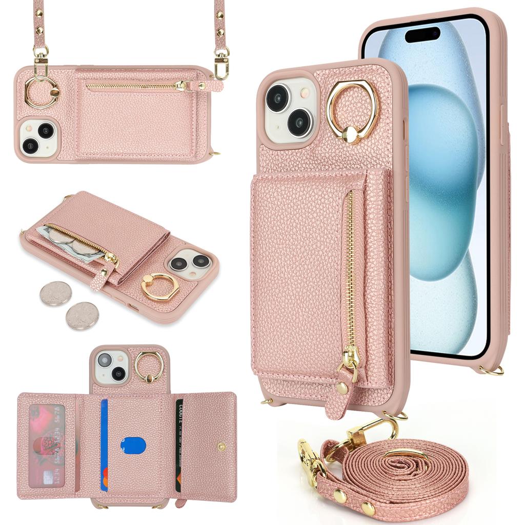 For iPhone 15 Plus/14 Plus Case Card Bag PU Leather+TPU Phone Cover with Ring Kickstand