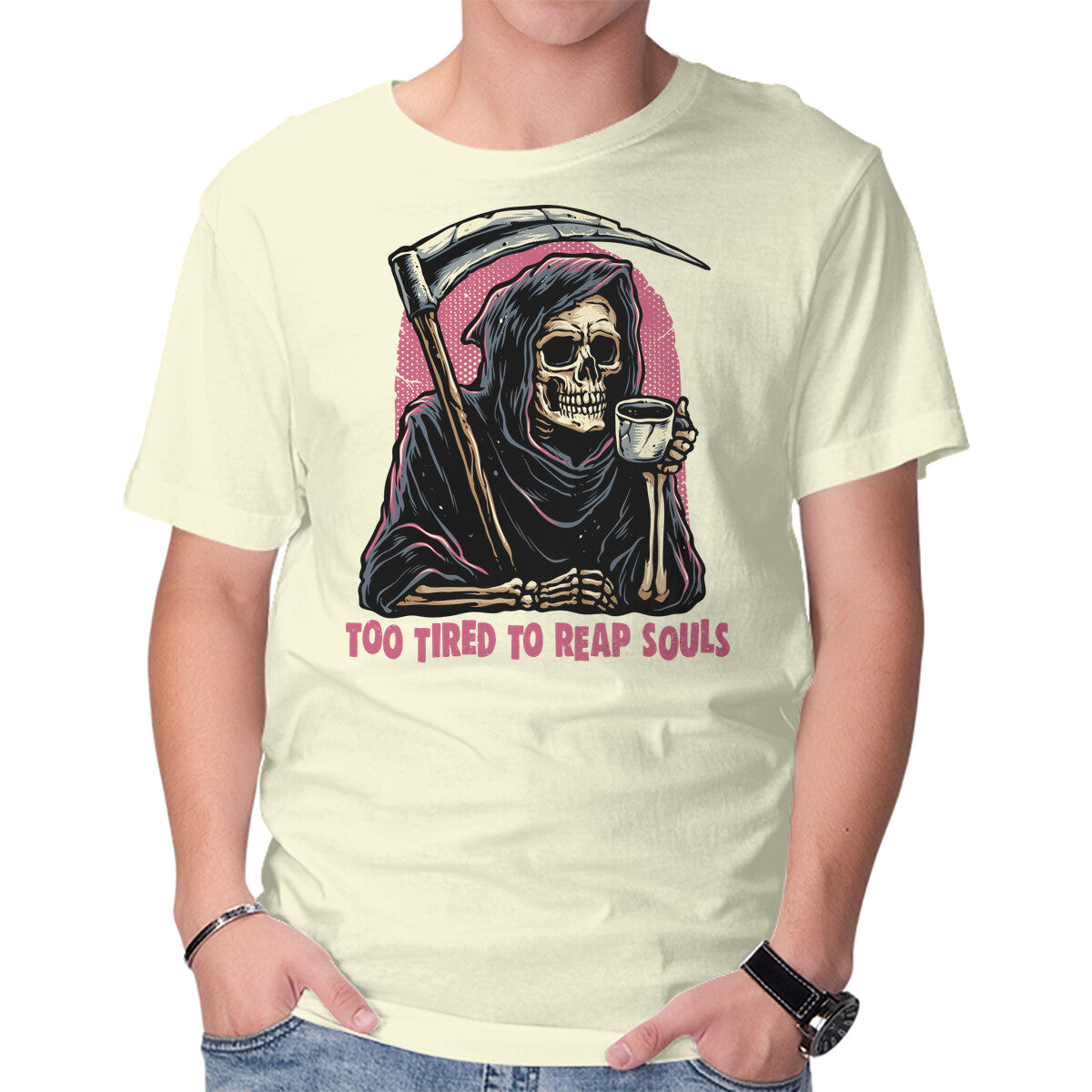 Unisex Crew Neck T-Shirt Too Tired To Reap Souls Graphic Short Sleeve Casual Tee M